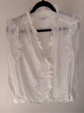 Frame Denim White Ruffle V-Neck Long-Sleeve Blouse